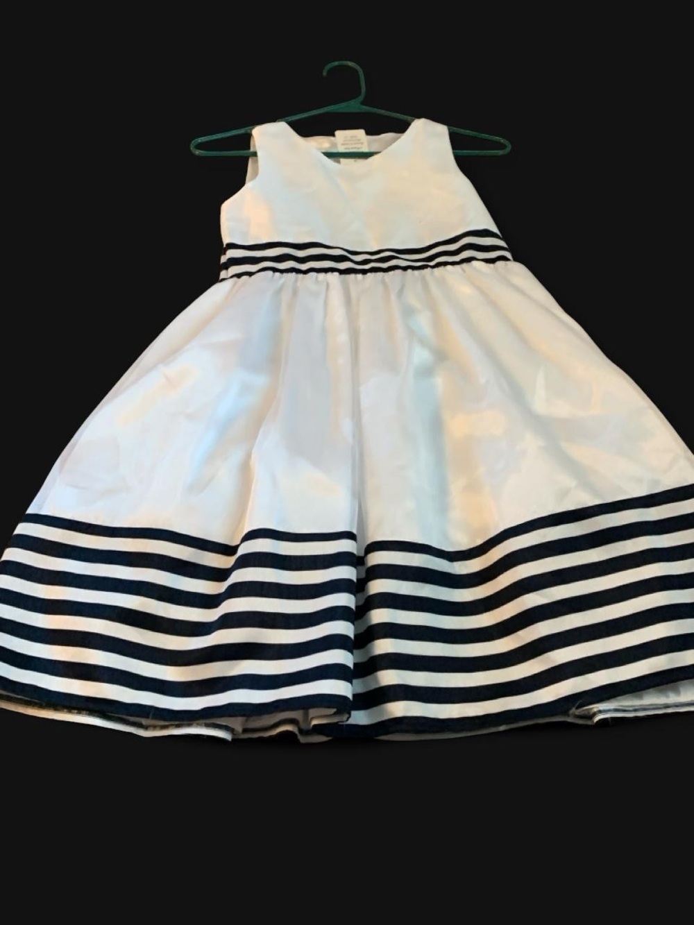 Girls White Dress with Navy Stripes - Classic Striped Skirt